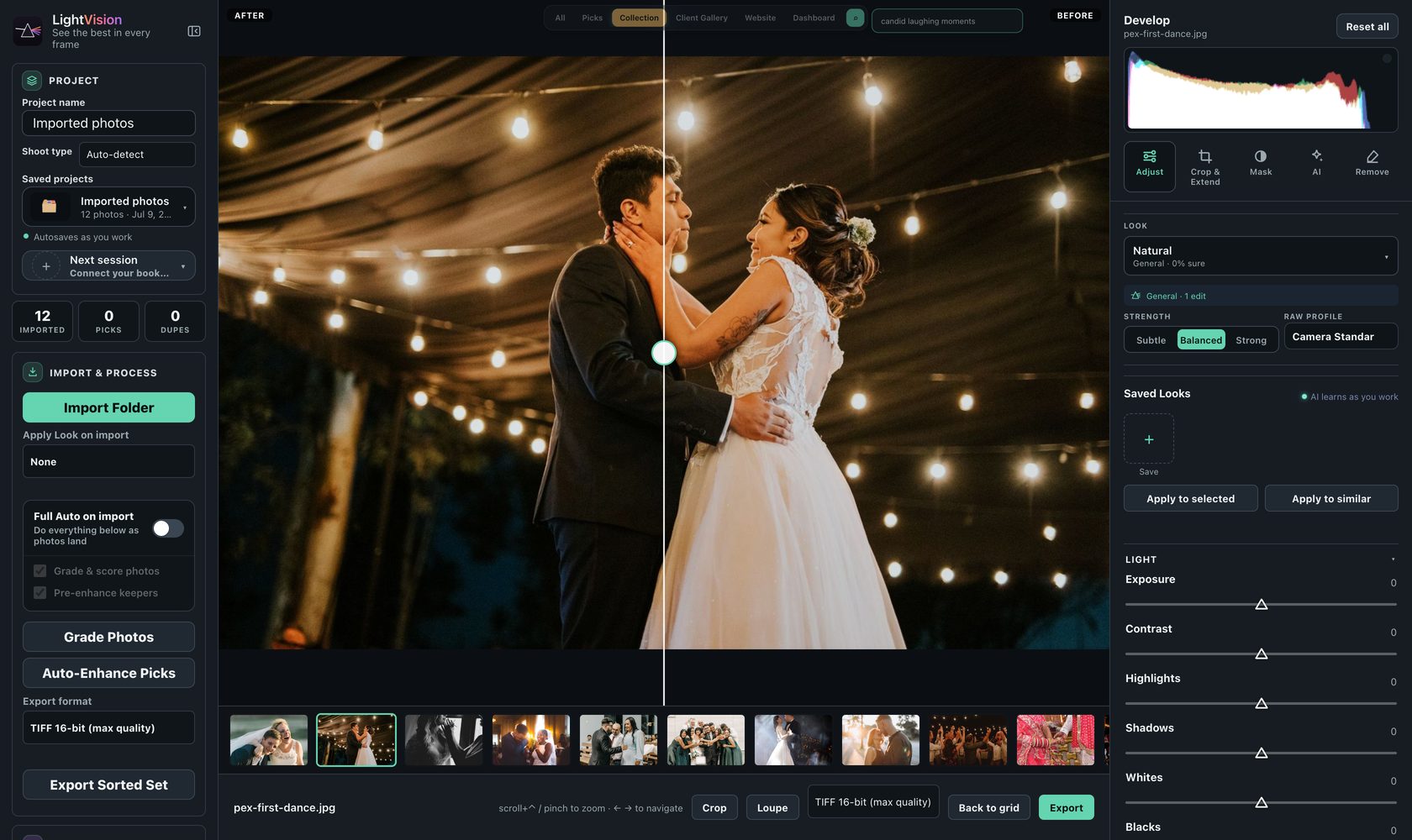 The Develop editor with a before/after split of a first dance, a learned Look with strength control, and Saved Looks the AI builds as you work
