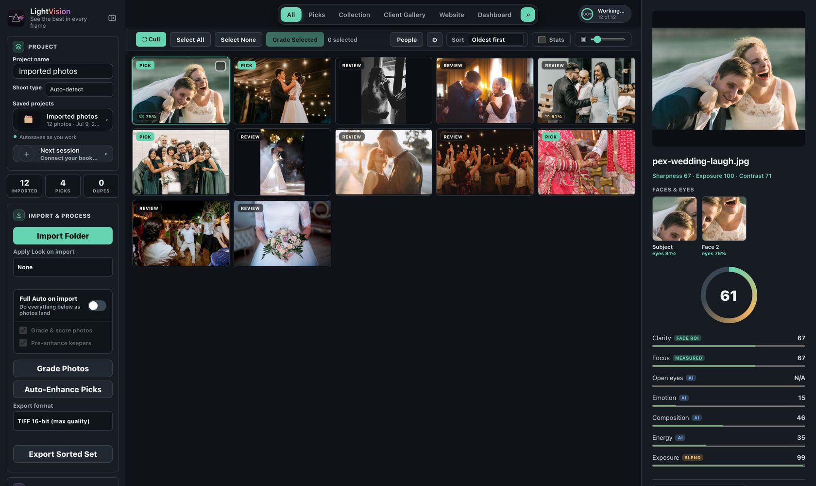 The LightVision culling grid: a graded wedding shoot sorted into Pick and Review, with the selected photo's seven scores in the side panel