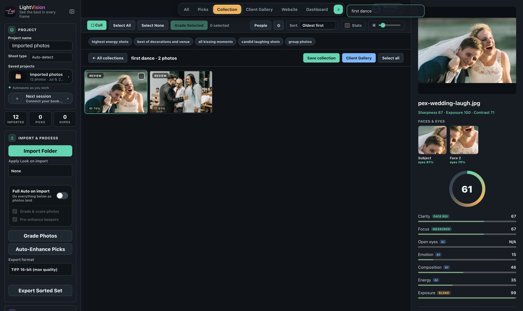 Typing 'first dance' into LightVision's search and the matching frames surfacing instantly